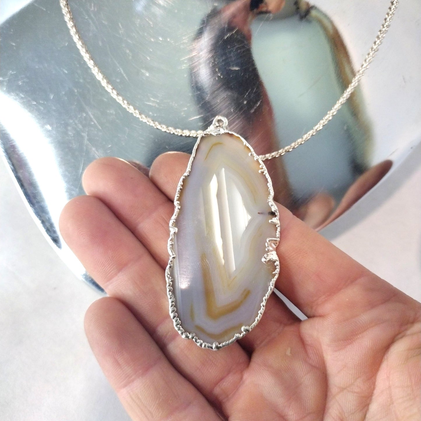 Agate Sliced Jewelry, Natural Silver Dipped Stone Pendent Necklace