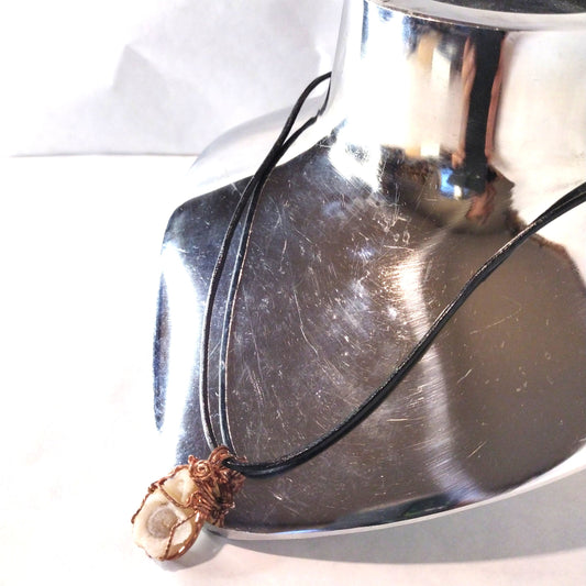 Crazy Wire Work Jewelry, Raw Chalcedony Rose Copper Pendant Black Leather Necklace