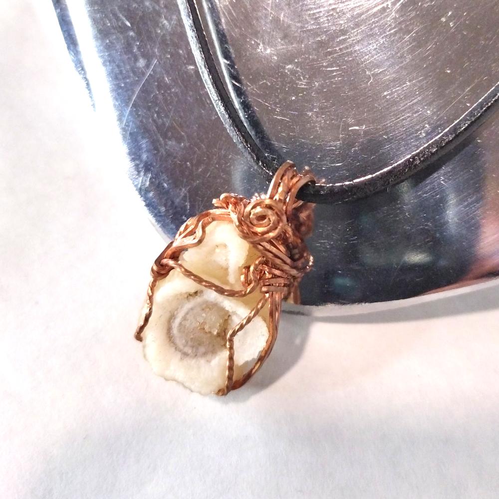 Crazy Wire Work Jewelry, Raw Chalcedony Rose Copper Pendant Black Leather Necklace