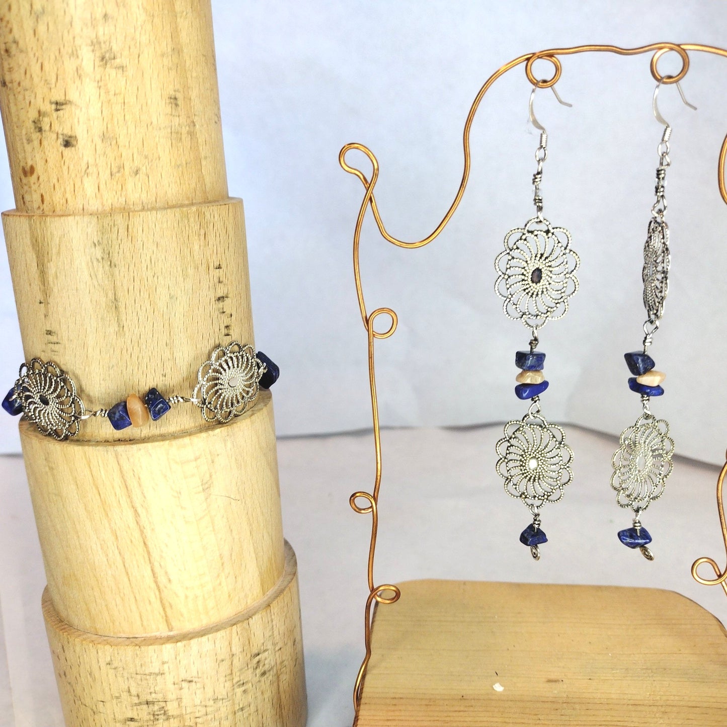 Esther's Silver Bezel Beaded Lapis & Moonstone Natural Stone Earring Bracelet Set