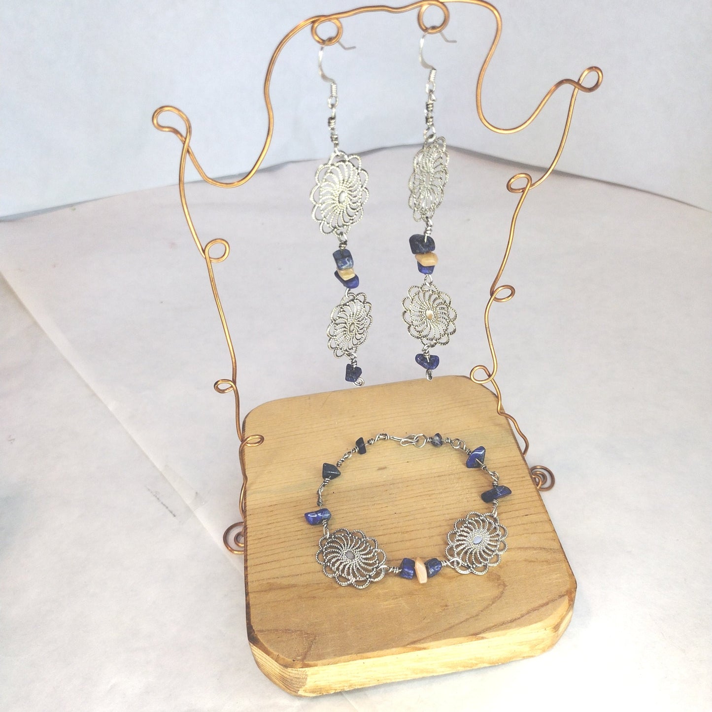 Esther's Silver Bezel Beaded Lapis & Moonstone Natural Stone Earring Bracelet Set