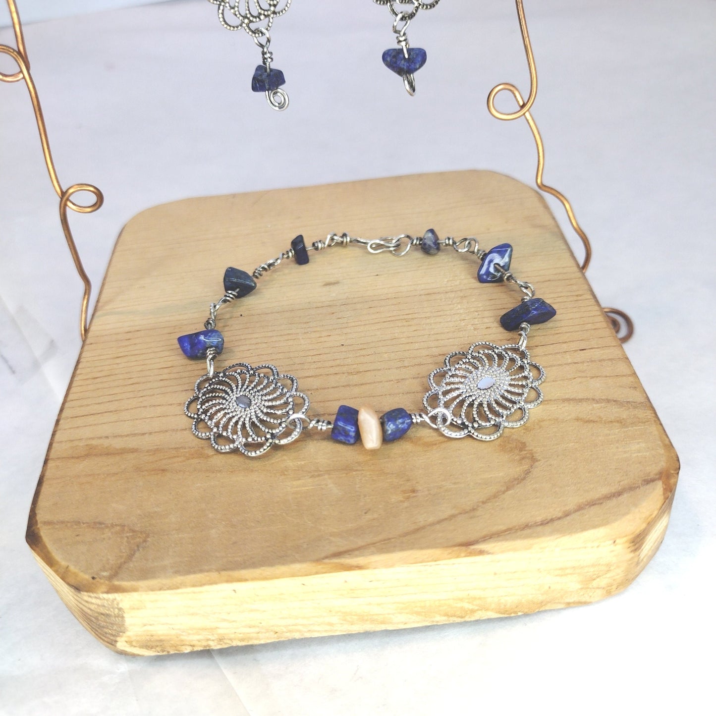 Esther's Silver Bezel Beaded Lapis & Moonstone Natural Stone Earring Bracelet Set