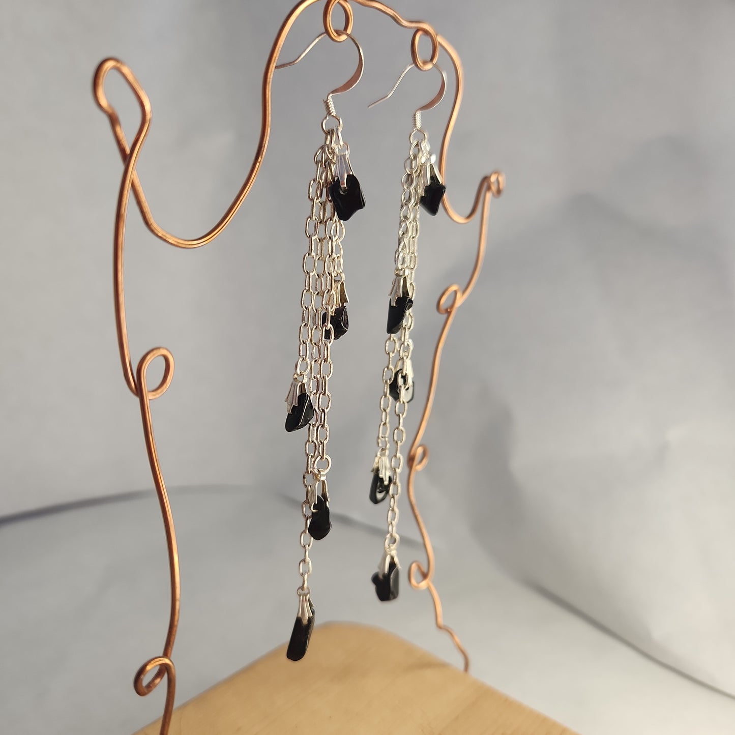 Beaded Blackstone Waterfall Silver P. Tassel Chain Earrings