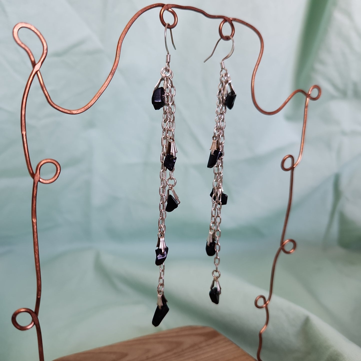 Beaded Blackstone Waterfall Silver P. Tassel Chain Earrings