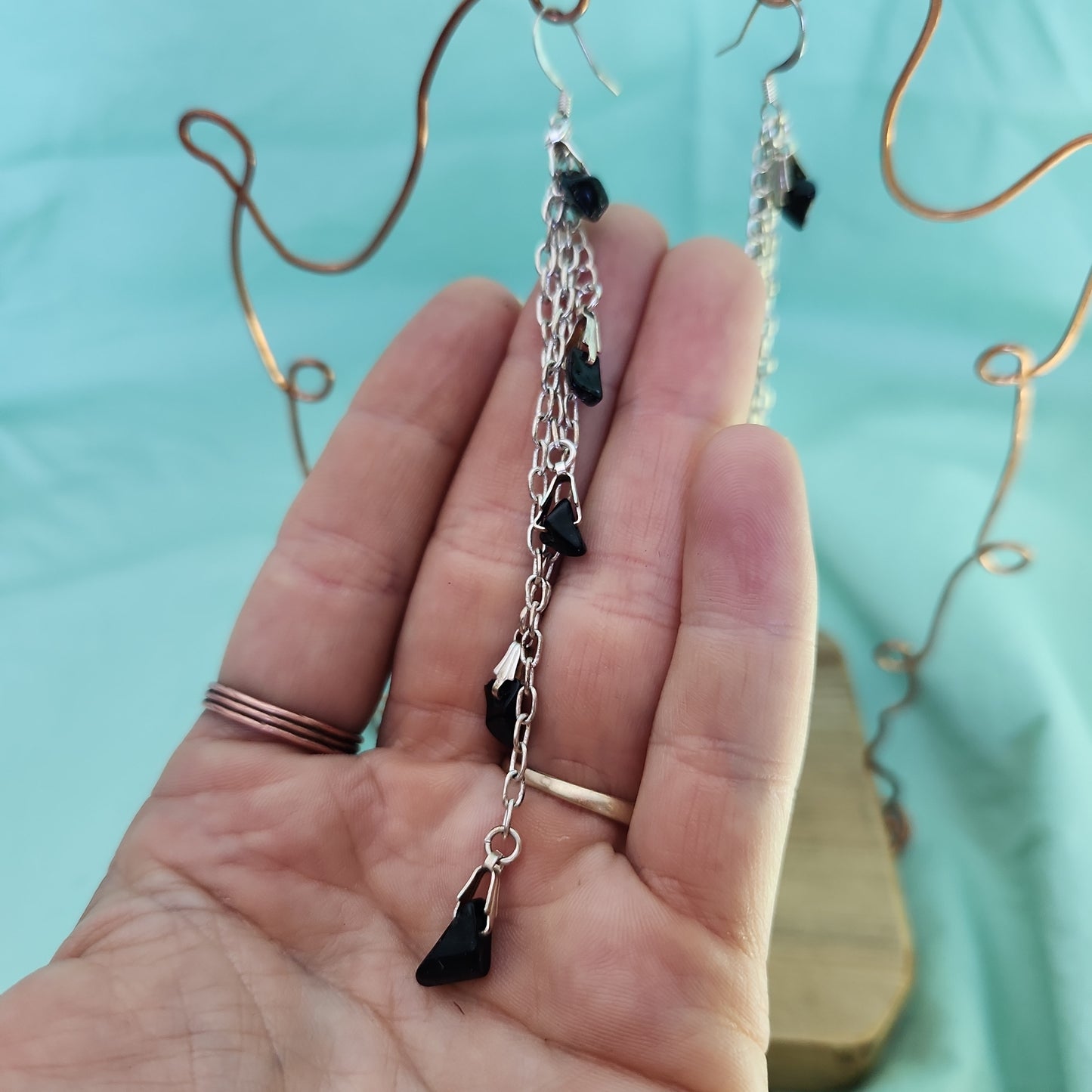 Beaded Blackstone Waterfall Silver P. Tassel Chain Earrings