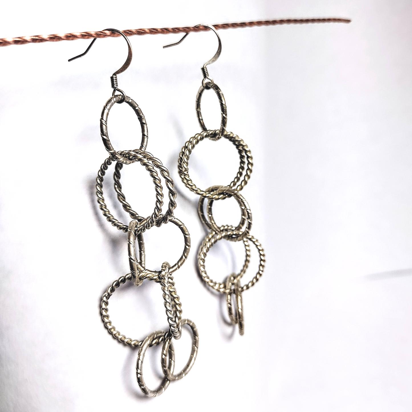 Silver Copper Brushed Circle Chandelier Earrings 3 1/2" long, Circle Chain Jewelry.