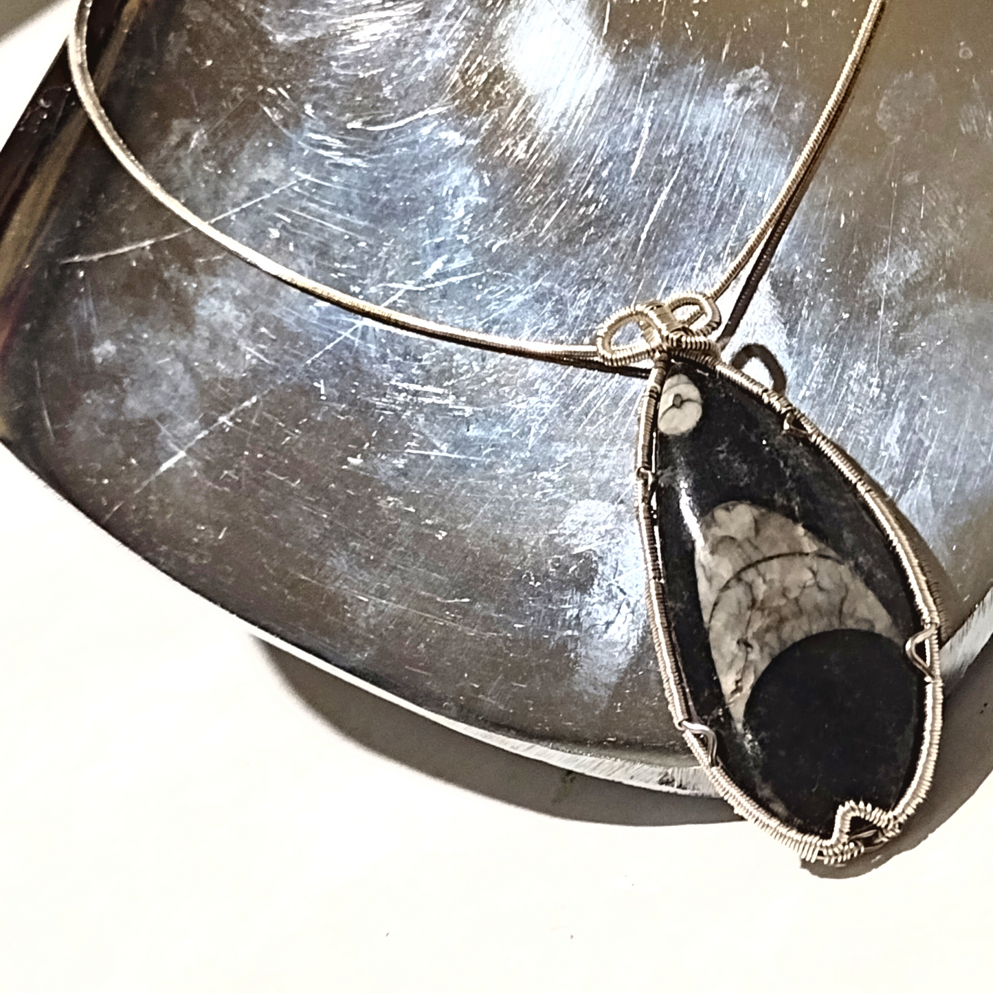 Fossil Jewelry, Orthoceras Polished Fossil Wire Wrapped Silver Snake Chain Necklace