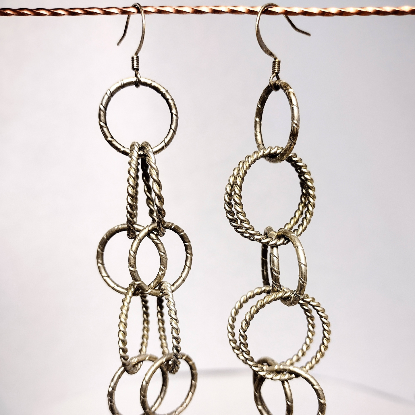 Silver Copper Brushed Circle Chandelier Earrings 3 1/2" long, Circle Chain Jewelry.