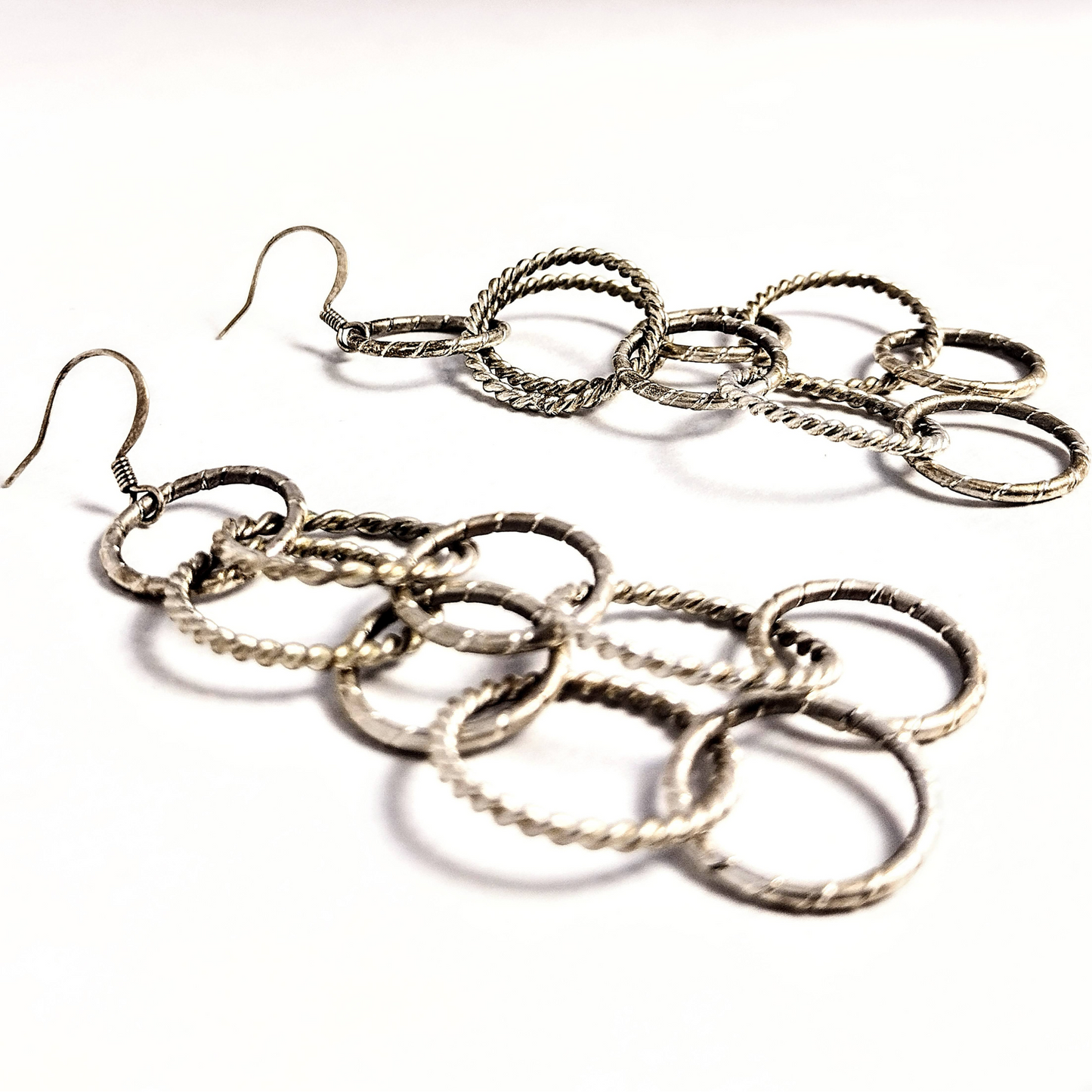 Silver Copper Brushed Circle Chandelier Earrings 3 1/2" long, Circle Chain Jewelry.