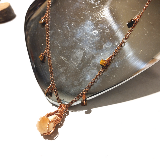 Crazy Wire Work Beaded Jewelry Raw Chalcedony Rose Beaded Tiger Eye Copper Wire Wrapped Necklace