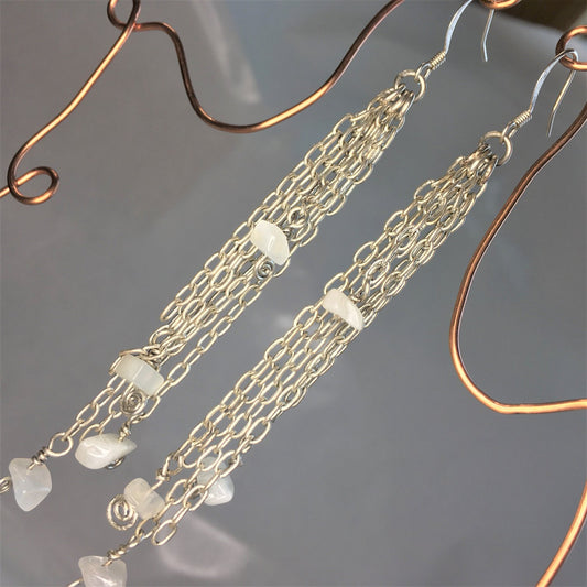 Beaded Starry Night Moonstone Silver Chandelier Earrings